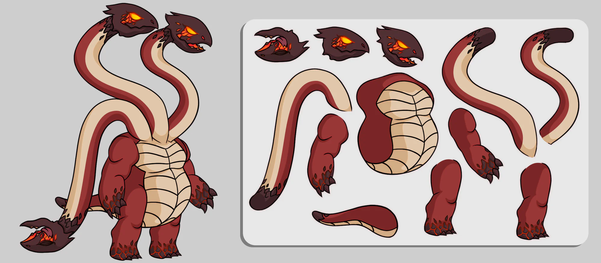Fire Hydra assembled beside its separated body parts