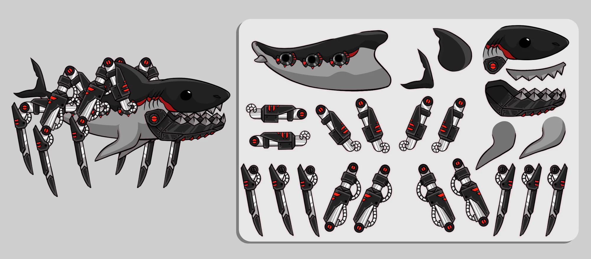 Shark Invasion boss assembled beside its separated parts